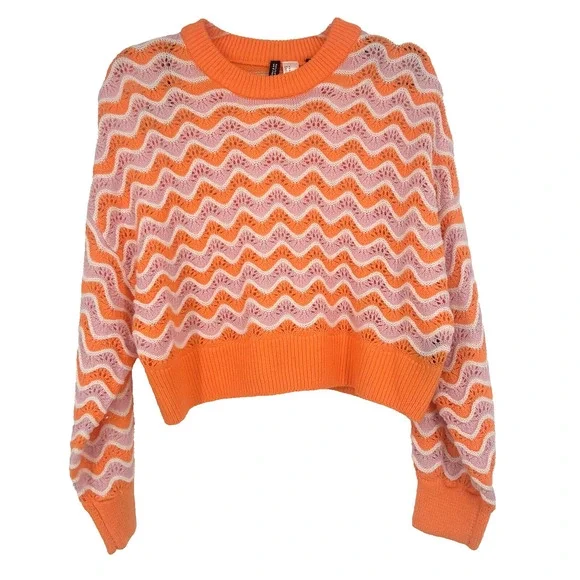 H&M Divided Orange Pink Crochet Pointelle Knit Cropped Sweater Slouchy Size M - Picture 1 of 9